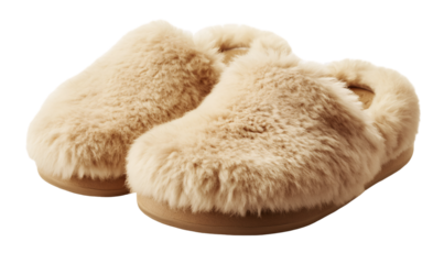 Furry slippers, beige color, transparent background PNG