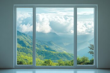 Mountain vista through a large window.  Tranquil, expansive view of lush greenery, towering peaks and a cloudy sky