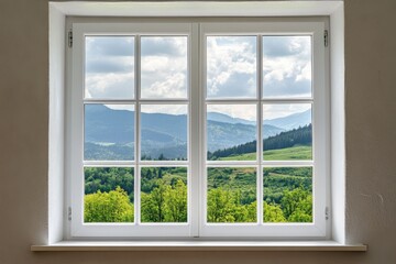 Panoramic mountain view through a white window