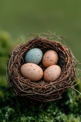 Obraz premium Nest crafted from grass and feathers holding four colorful spotted eggs in a natural setting. National Egg Month