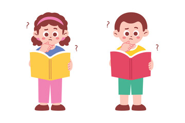Confused Children Reading a Book Illustration