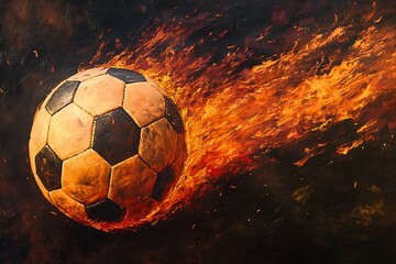 Fototapeta premium Artistic Soccer Ball Engulfed in Flames on Dark Backdrop, Sports Energy Painting Style