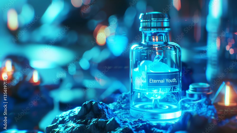 Poster This Futuristic lab with a vial labeled 'Eternal Youth' and advanced technology.