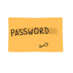 Close up of orange sticky note with blurred password and key sketch Perfect for cybersecurity concepts and digital security designs