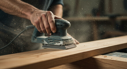 Close-up of a carpenter sanding wood with a power sander, creating sawdust. Perfect for carpentry, DIY, and woodworking projects.