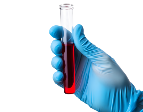 Hand in a blue medical glove holding a test tube with a red liquid on a transparent background