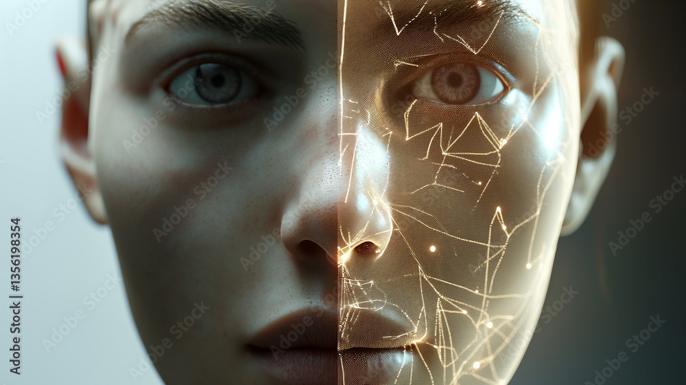 Fototapete this close-up view of a face showcasing genetic modifications and bioengineering concepts.