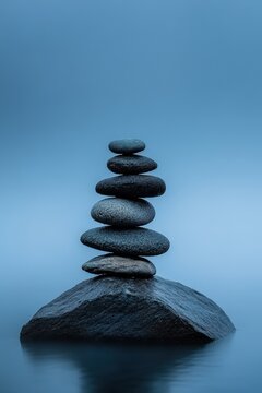 Stacked stones forming a balanced tower against a calm blue backdrop in a serene natural setting. Meditation Month