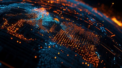 Digital world map with glowing nodes representing global network connections