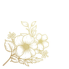 Golden flower frame. Corner. Luxury pattern with a bouquet of flowers, branches, leaves. Vector illustration with drawn elegant vintage botanical decorative elements