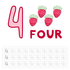 Number 4. Entertaining book. Page for developing children's writing. Teaching kids to write numbers.