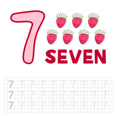Number 7. Entertaining book. Page for developing children's writing. Teaching kids to write numbers.