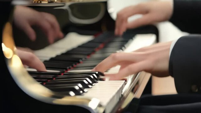 Fill light, zoom in video of a musician playing a grand piano with intricate hand movements, the camera zooms in to focus on the musician's hands and the keys of the piano