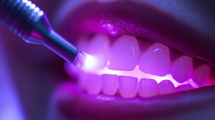 Close up of dental treatment with UV light for teeth whitening procedure