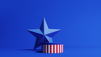 3d render of Memorial Day background with podim, ballons, stars and american flag. Patriotic events, red, white, and blue decor, and summer kickoffs mark this day of remembrance and appreciation.