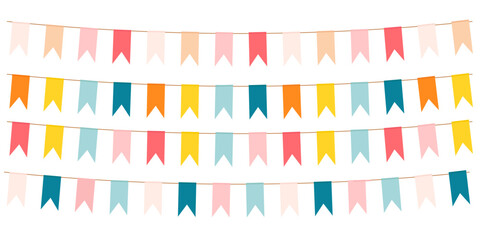 Obraz premium Festive multicolored garlands for holiday decoration, theme parties, posters or banners. Vector illustration.