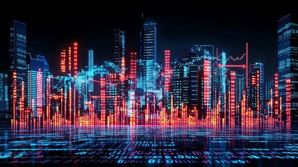 Futuristic cityscape with digital data overlay.