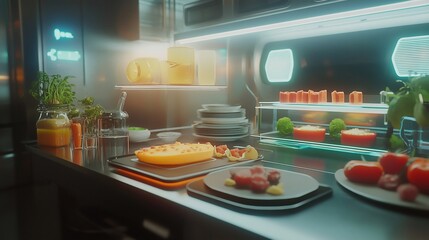 Futuristic kitchen with luminous elements and prepared ingredients showcase