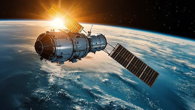 Celestial Sentinel: An illustration of a sophisticated satellite orbiting the Earth against the backdrop of a vibrant sunrise in space.