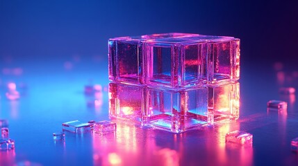 Mystical luminous cubic structure reflecting vibrant neon shades on dark surface