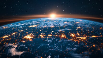 Orbital Perspective: Earth at Night, Illuminated by Cities and Glowing Sunrise