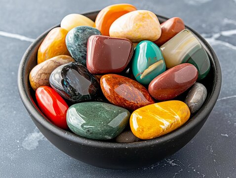 A vibrant collection of polished stones in a black bowl, showcasing an array of colors and textures.