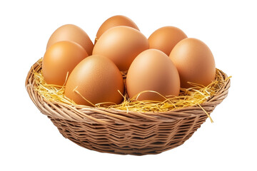 Wicker basket filled with fresh brown eggs resting on straw, isolated on white transparent background. Concept of natural food, farming, and nutrition