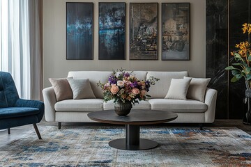 Table with flowers on carpet in apartment interior with posters above sofa near armchair. Real photo