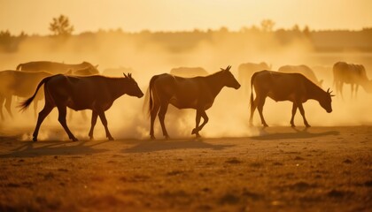 Obraz premium Warmth of the Pasture Design an evocative image that emphasizes the warmth of sunlight filtering through dust, casting soft shadows on the silhouettes of cattle in motion.