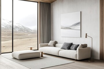 White minimalist living room interior with sofa on a wooden floor, decor on a large wall, white landscape in window. Home Nordic interior | Scandinavian interior poster mock up