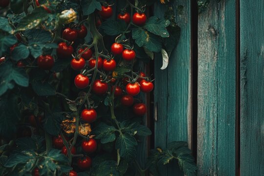 Abundant vine-ripened tomatoes against rustic wood - Powered by Adobe
