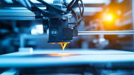 Close-up of a modern 3D printer creating a precise object with light