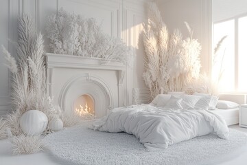 White gray bedroom interior with fireplace carpet, dry plants and decor. 3d render illustration mock up.