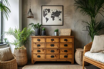 Stylish interior with wooden chest of drawers