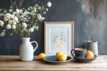 Stylish scandinavian dining room interior with mock up poster frame, wooden table, furniture, cup of coffee, flowers , cement fruits and elegant accessories. Ready to use. Template. Modern home decor.