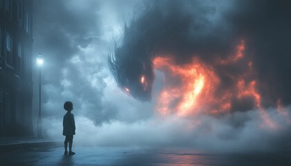 Fototapeta premium Mystical Encounter: A Young Boy Faces the Unfathomable in a Dreamscape Town