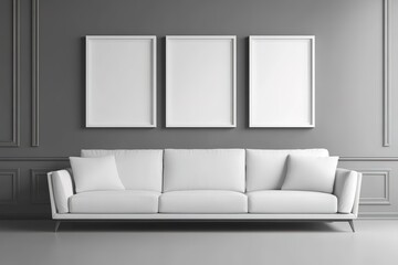 White sofa and posters, frames on gray wall. Interior design of modern living room.