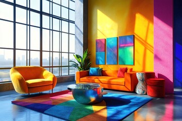Stylized as an oil painting a modern interior room has colorful walls large windows and stylish furniture with a bright and stylish design