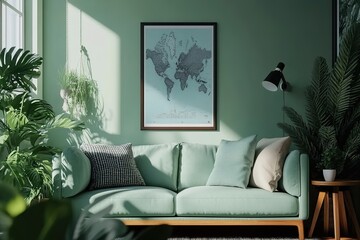 Stylish scandinavian living room interior with design mint sofa, furnitures, mock up poster map, plants, and elegant personal accessories. Home decor. Interior design. Template. Ready to use.