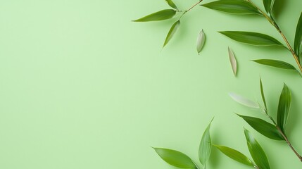 Fototapeta premium Green leaves arranged artistically on a light green background.