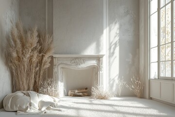 White gray bedroom interior with fireplace carpet, dry plants and decor. 3d render illustration mock up.