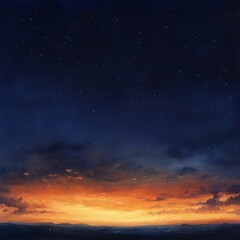 Soft twilight sky transitioning from vibrant orange to deep indigo, stars beginning to appear, peaceful and serene, photorealistic and immersive