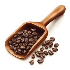 Obraz premium A wooden scoop filled with roasted coffee beans long title A wooden scoop or spoon filled with a heap of freshly roasted dark brown coffee beans
