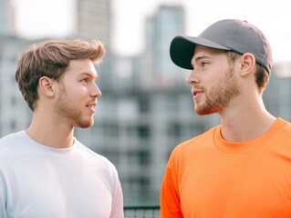 Two young men talking outdoors