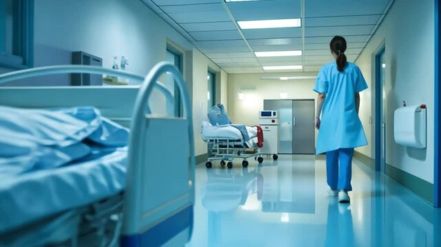 Healthcare professional in hospital corridor: A nurse in blue scrubs walks down the brightly lit corridor of a hospital, past patient beds.