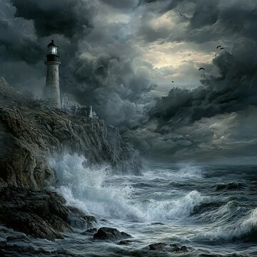 Stormy seaside during rain, dark clouds rolling over, waves crashing against rocks, lighthouse in the distance, moody and dramatic, photorealistic