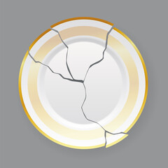 Broken white plate. Shattered food plate, cracked porcelain dish. Dishware with damage. Icon isolated on white background. illustration