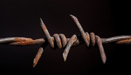 Rusty barbed metal wire, dark backdrop. Military and security industry.