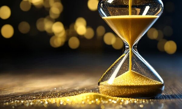 Close up of an hourglass with golden sand falling and bokeh lights in background