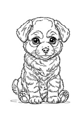 Cute Puppy Illustration – Hand Drawn Black and White Big-Eyed Cartoon Dog Line Art for Kids Coloring Page, Logo, or Pet Design